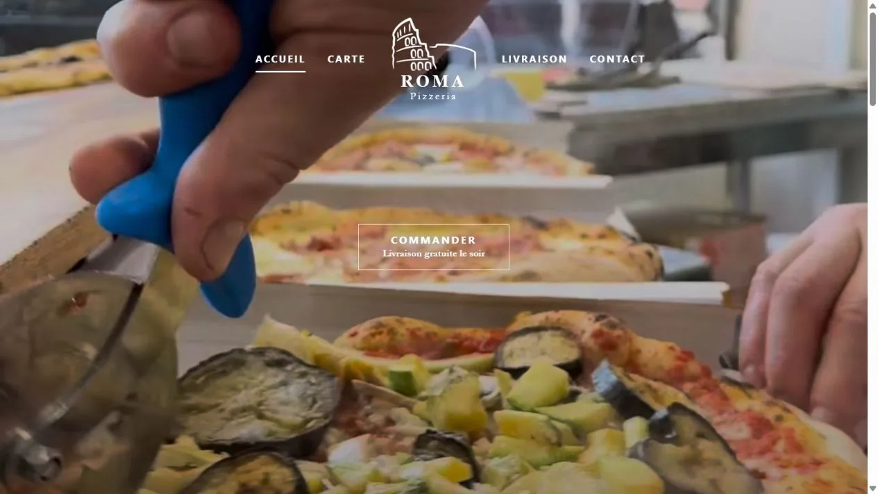 Capture du site Pizzeria Roma montrant la préparation des pizzas